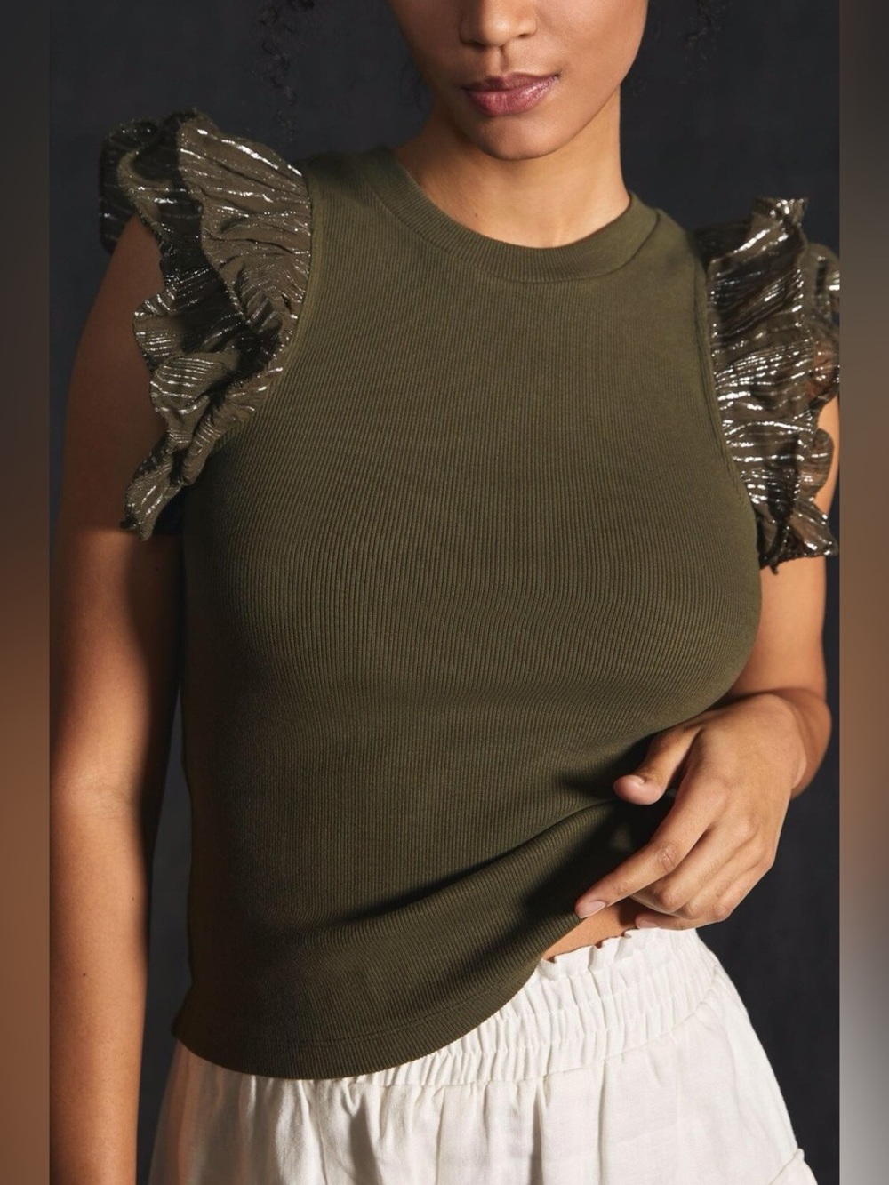 Anthropologie Lurex Ruffle Sleeve Tank | Size Large